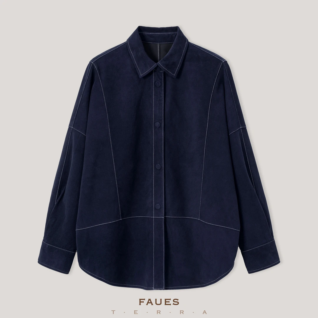 FAUES 温澜潮生进口绒面羊皮削薄廓形轻薄温柔复古宽松衬衫式皮衣