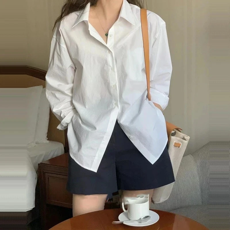 韩系外穿全棉白衬衫女新款高级感宽松简约内搭衬衣女外套上衣女款