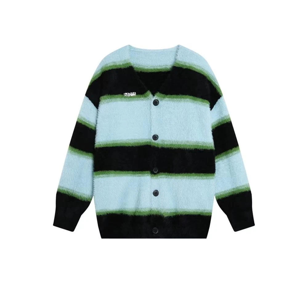 慵懒风撞色条纹高级感V领针织开衫K24313