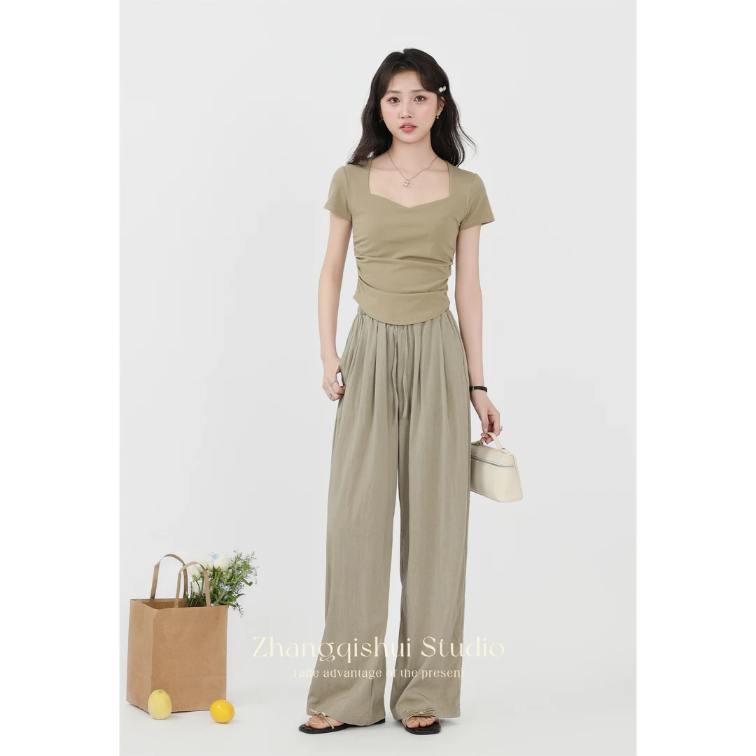 张汽水显瘦薄款卡其绿休闲裤女今年流行高腰阔腿裤子Z09170-1