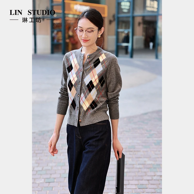 【100%山羊绒】琳工坊“阳雁”灰色针织衫时尚休闲费尔岛唐琳设计师