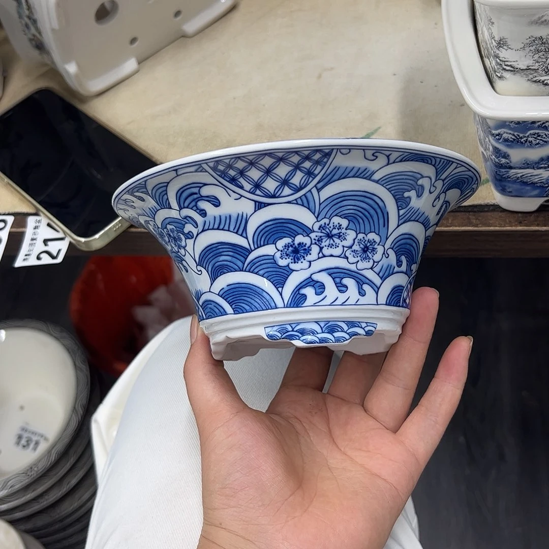 花盆紫砂197号瑕疵17/7cm仿手绘海浪花纹