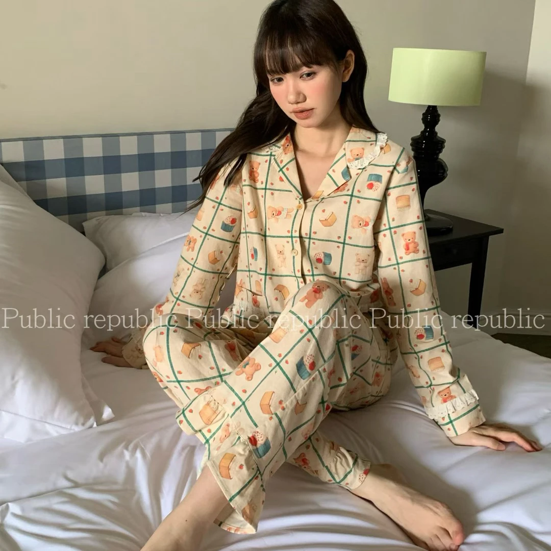 Public republic韩国春秋纯棉磨毛棉可爱卡通小熊花边开衫家居服