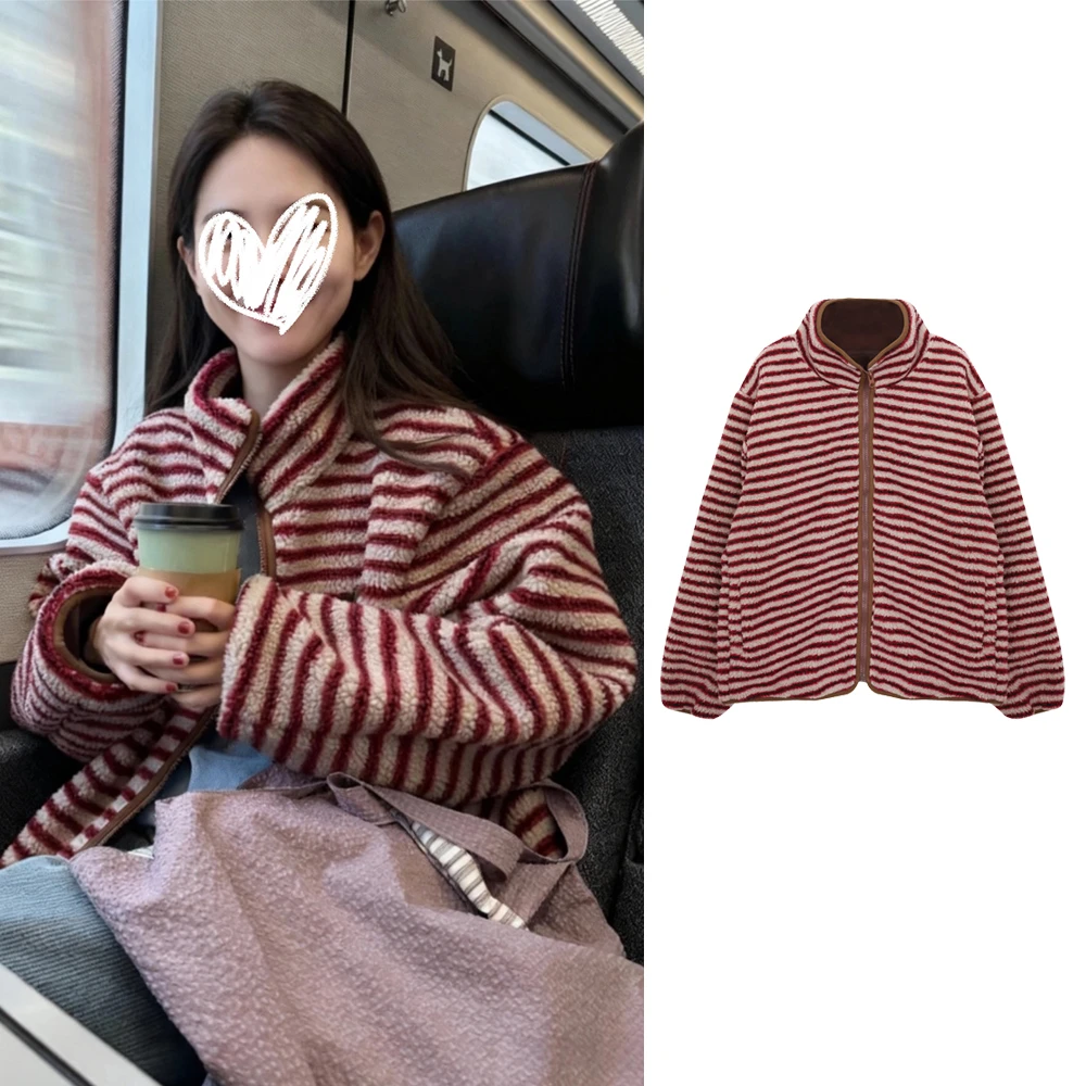 5265#复古摇粒绒莓红条纹立领外套加绒加厚秋冬蓬松保暖女上衣