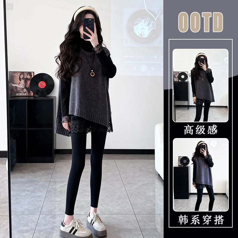 时尚套装女2025秋冬新款洋气半高领蕾丝衫针织马甲打底裤三件套潮