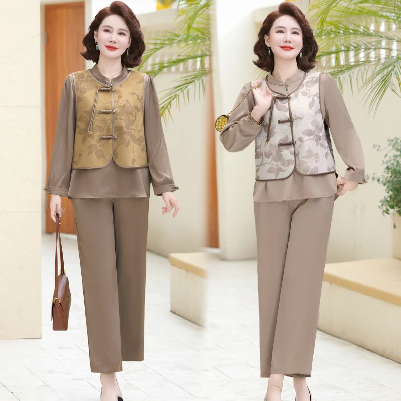 新中式妈妈高端大气套装春装国风小衫中老年春秋上衣衬衫三件套