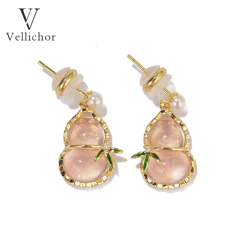 铜合金耳饰 【原创】国风精致竹叶粉色葫芦耳钉女轻奢耳钉耳饰