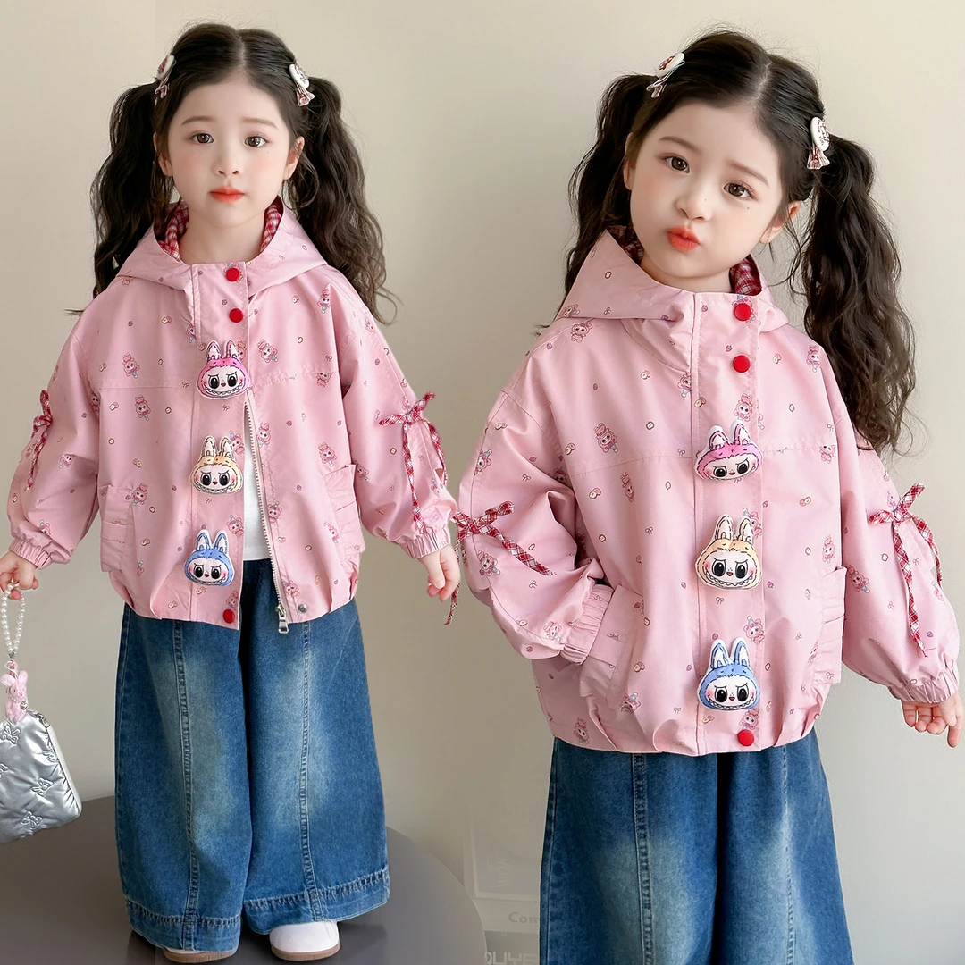 女童外套洋气卡通儿童连帽冲锋衣宝宝上衣小女孩春秋装2025新款潮