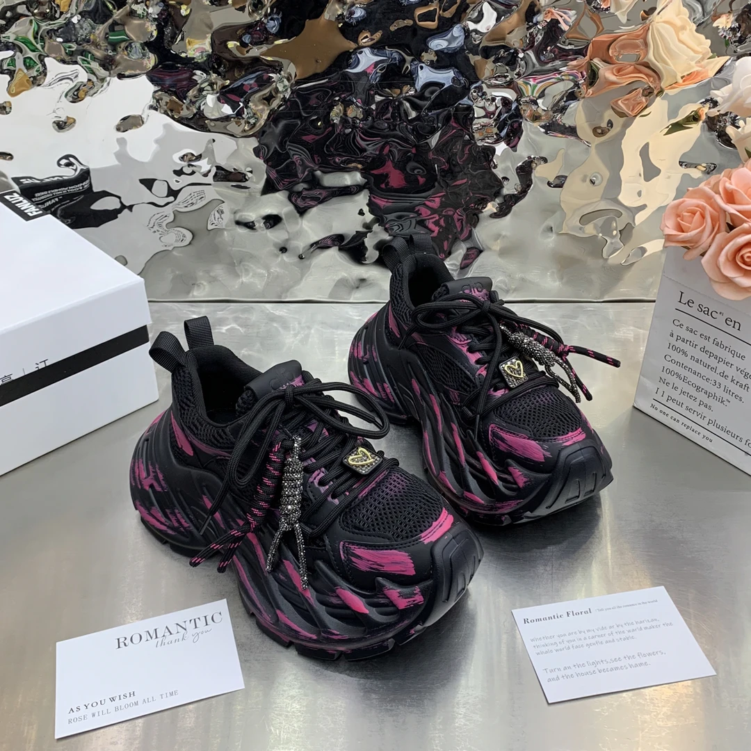 复古真皮做旧彩绘厚底老爹鞋女2025秋季新款小个子增高休闲运动鞋