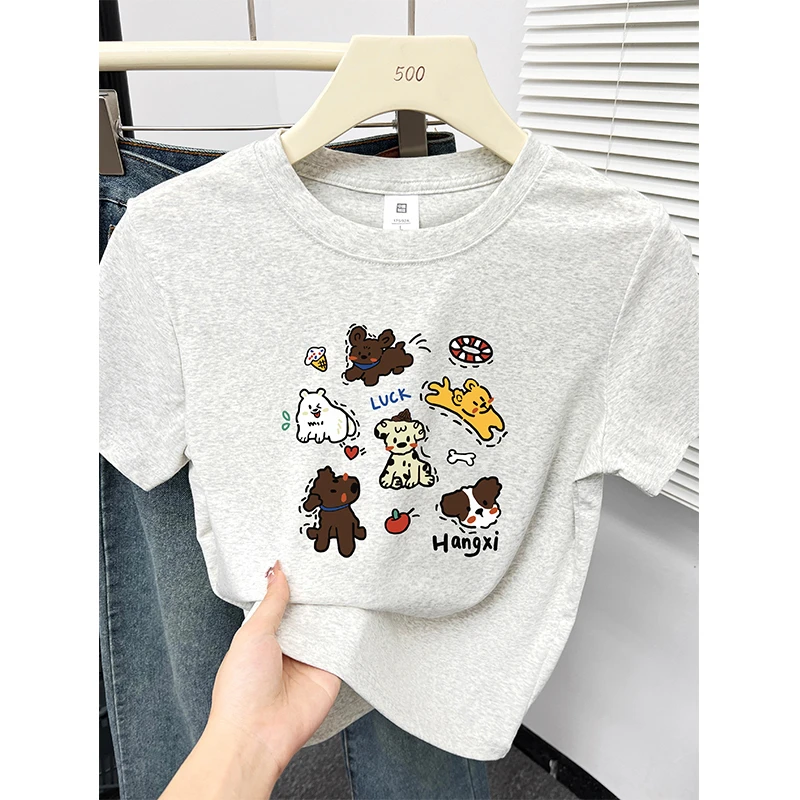 白灰色正肩短袖T恤女夏季新款胖mm大码洋气小狗印花百搭圆领上衣