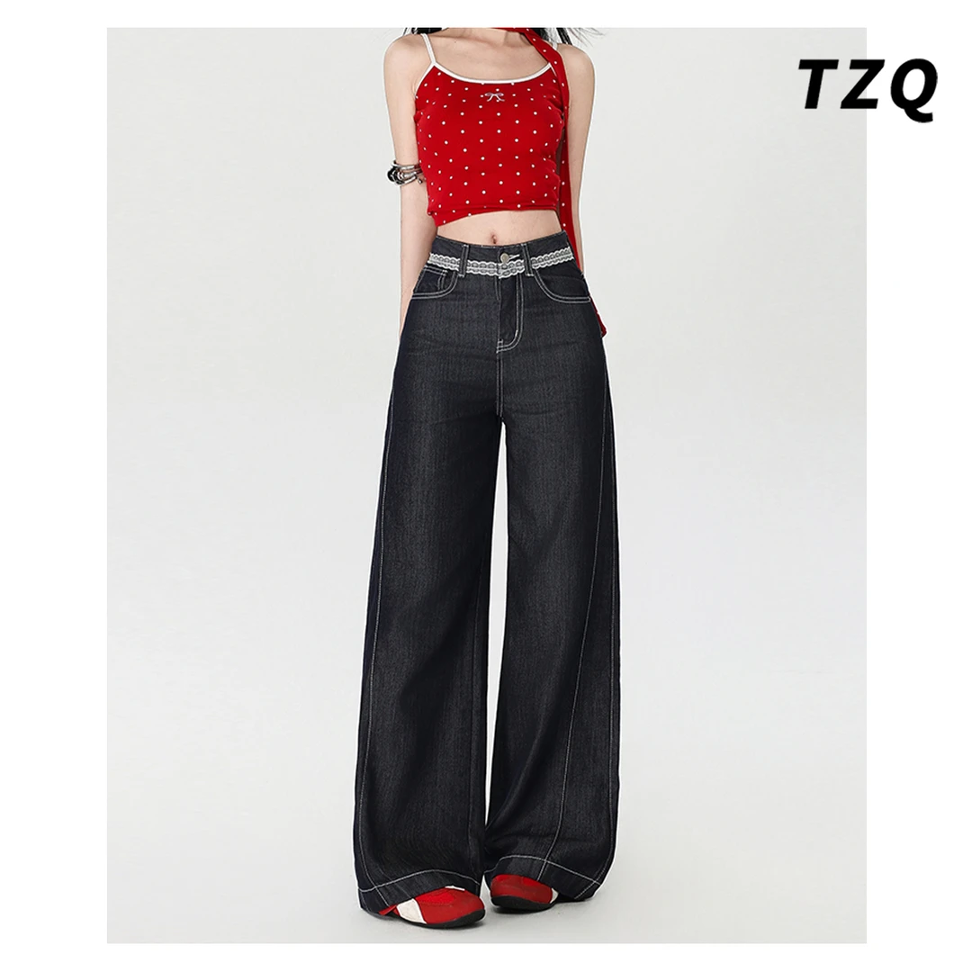 淘稚气丹宁蓝牛仔裤女款2025新款夏季爆款蕾丝阔腿裤子TZQ2532409