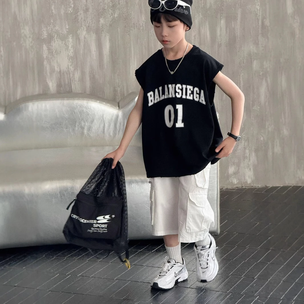 黑桃柒2025夏季新款男童韩版纯棉背心上衣儿童夏装T恤无袖短袖潮