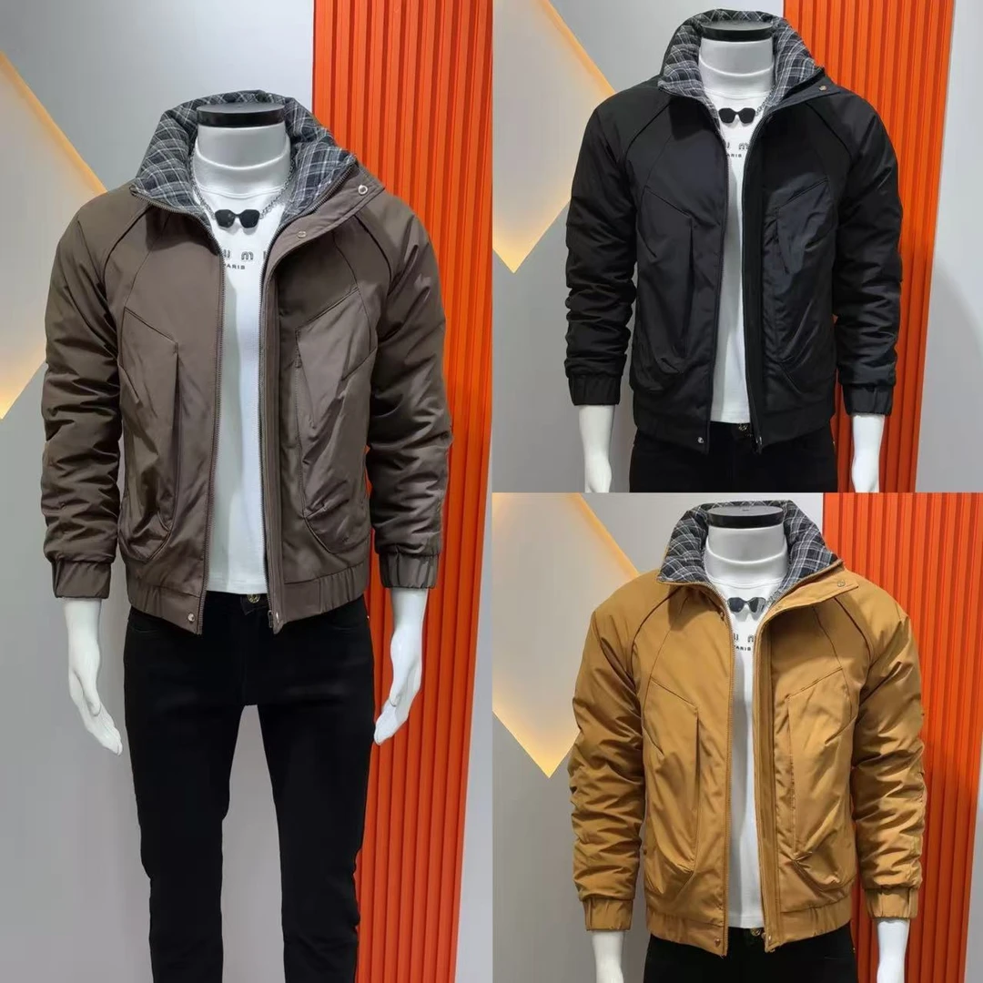 时尚潮流男士保暖棉服格纹拼色立领修身痞帅外套冬款休闲百搭棉衣