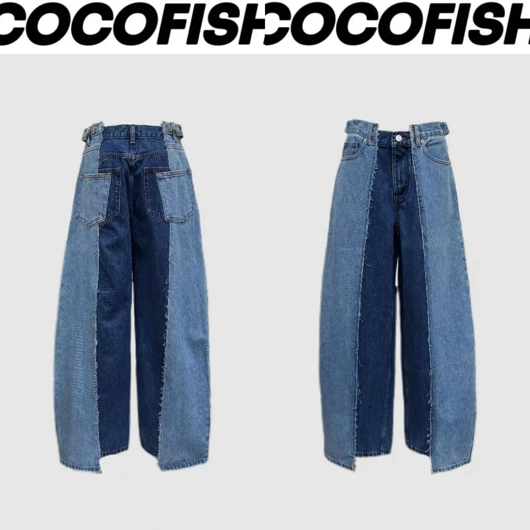 个性不规则撞色高腰显瘦弯刀牛仔裤#AJ112