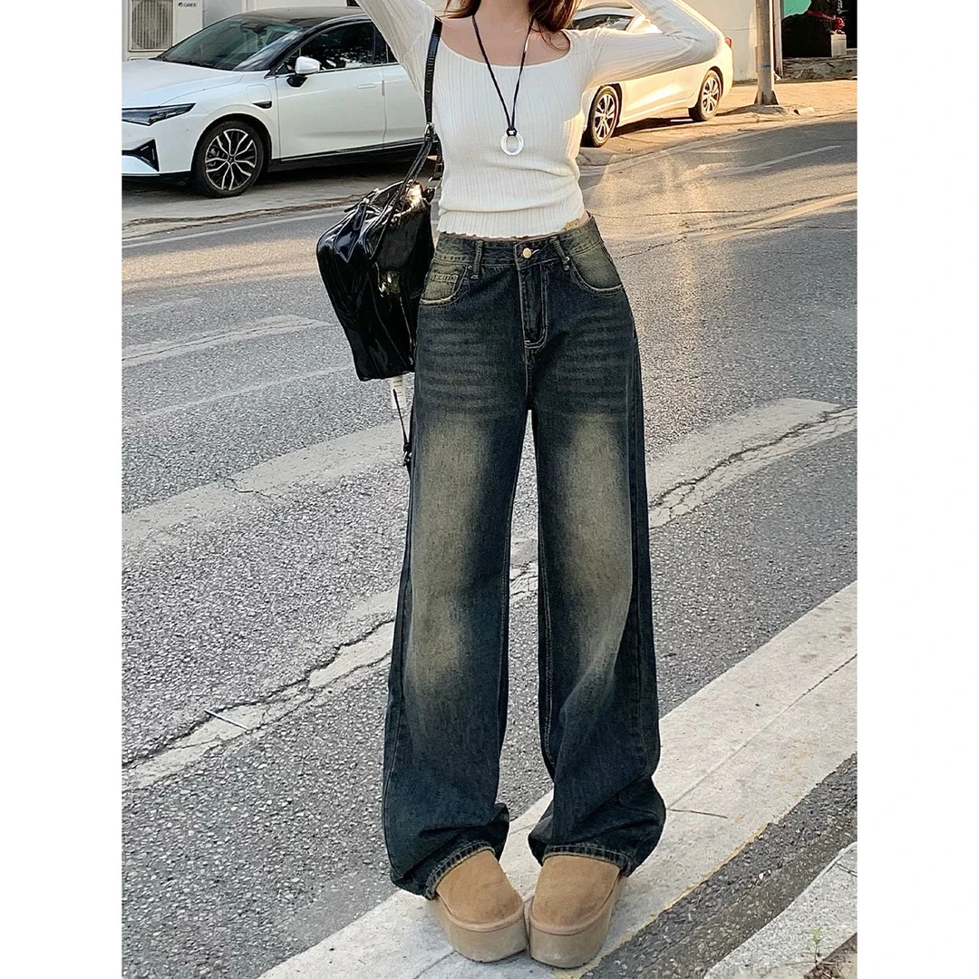 48复古水泥灰做旧阔腿窄版高腰垂感拖地直筒裤