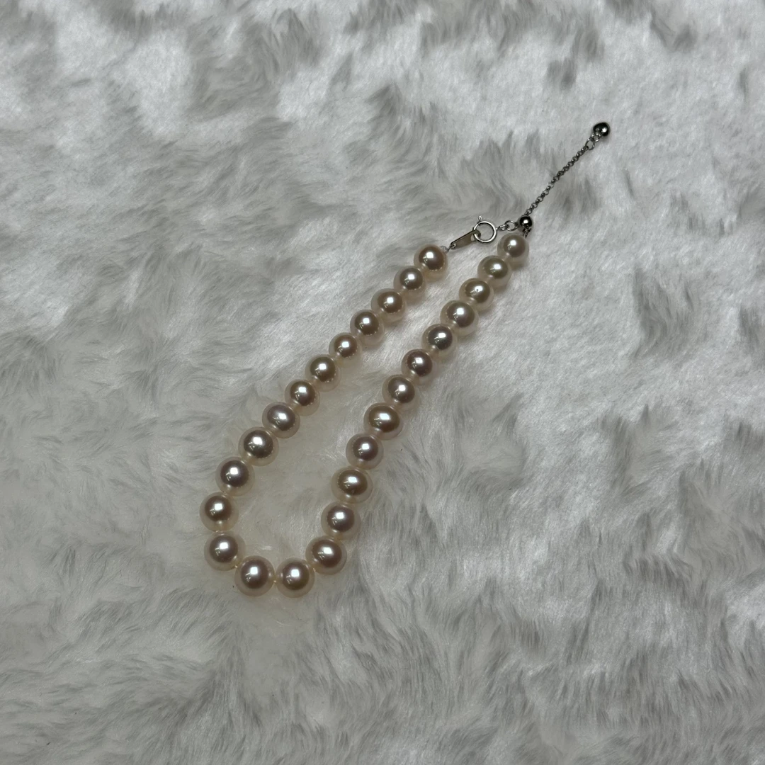 天然珍珠手链7-8mm鸡蛋圆无暇极光长度17cms925银延长链