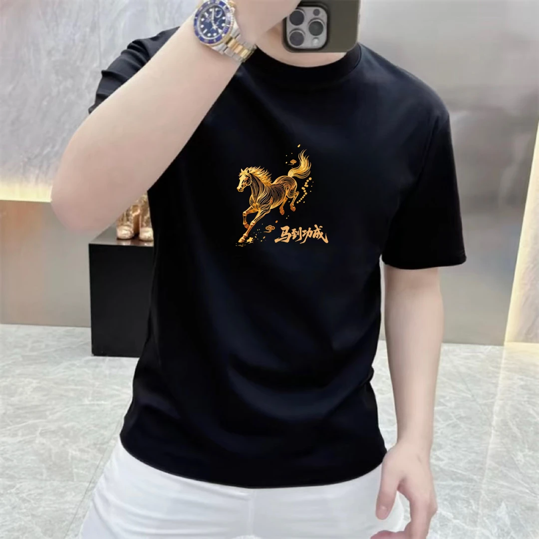 男士红色纯棉短袖T恤国潮时尚休闲百搭潮流修身圆领马半袖印花