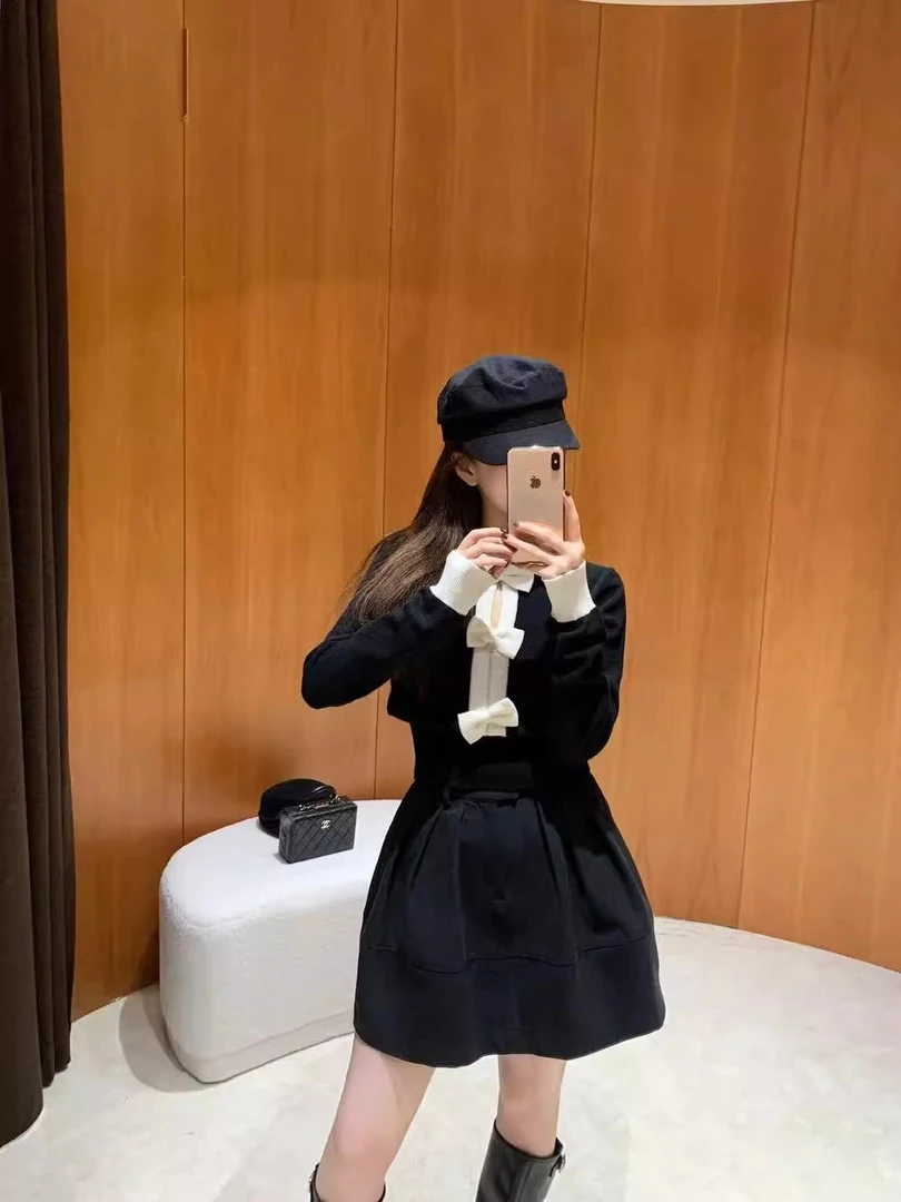 法式富家千金气质套装蝴蝶结长袖针织衫女装秋季花苞半身裙两件套