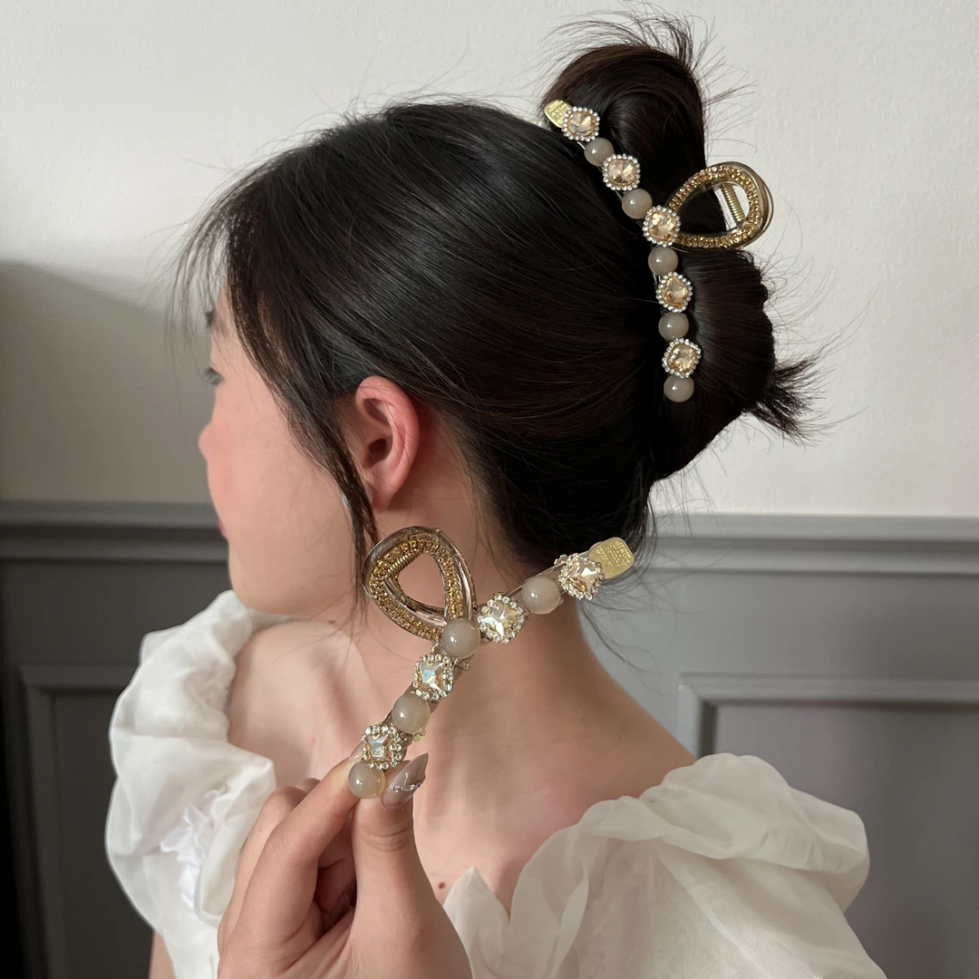 韩版水钻珠珠抓夹女后脑勺发量多鲨鱼夹子大号高级感发夹头饰发卡