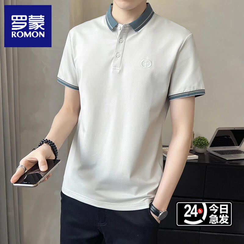 罗蒙夏季新款男装翻刺绣翻领短袖时尚百搭简约修身休闲T恤POLO衫