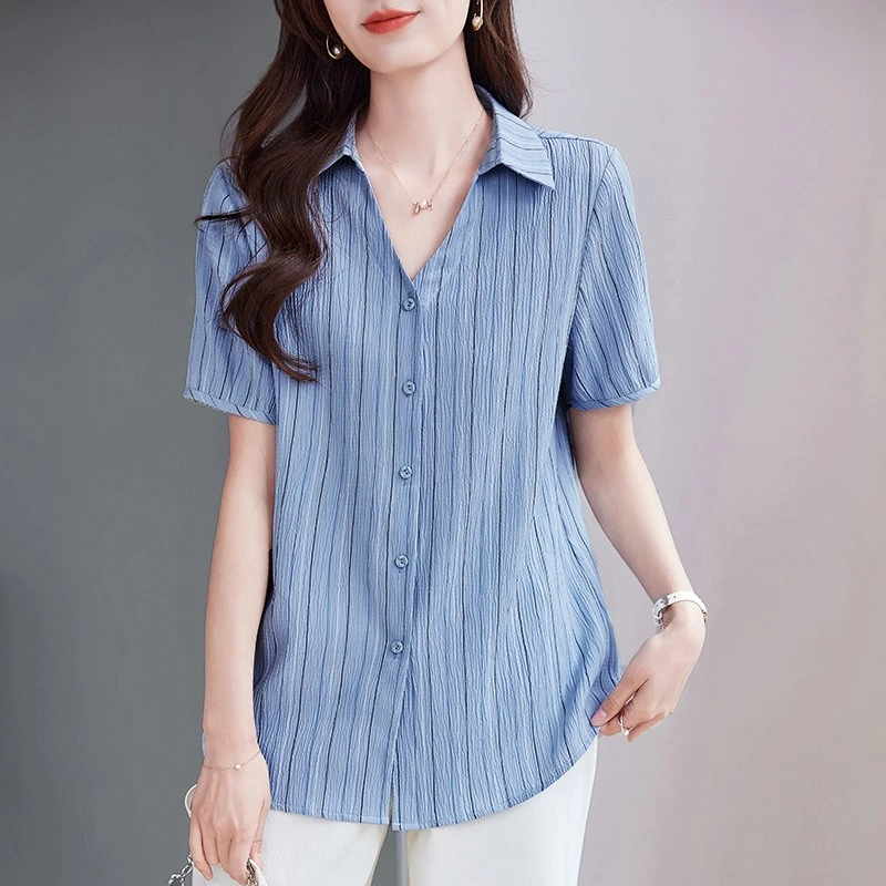 短袖条纹衬衫2025年新款爆款洋气翻领衬衣女款大码宽松女士上衣夏