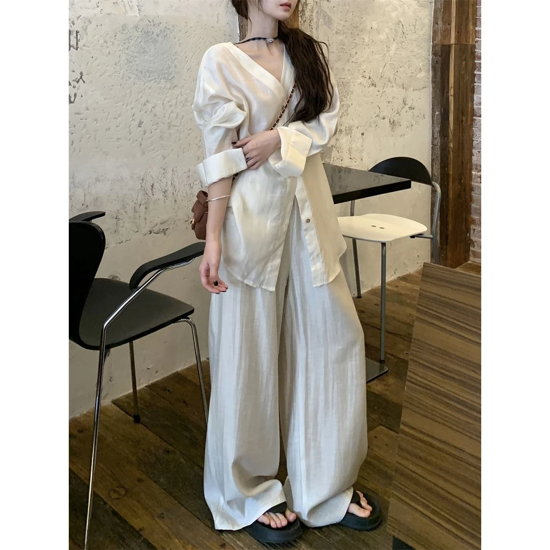 慵懒风套装V领长袖衬衫上衣女2025年秋季高腰休闲裤长裤两件套