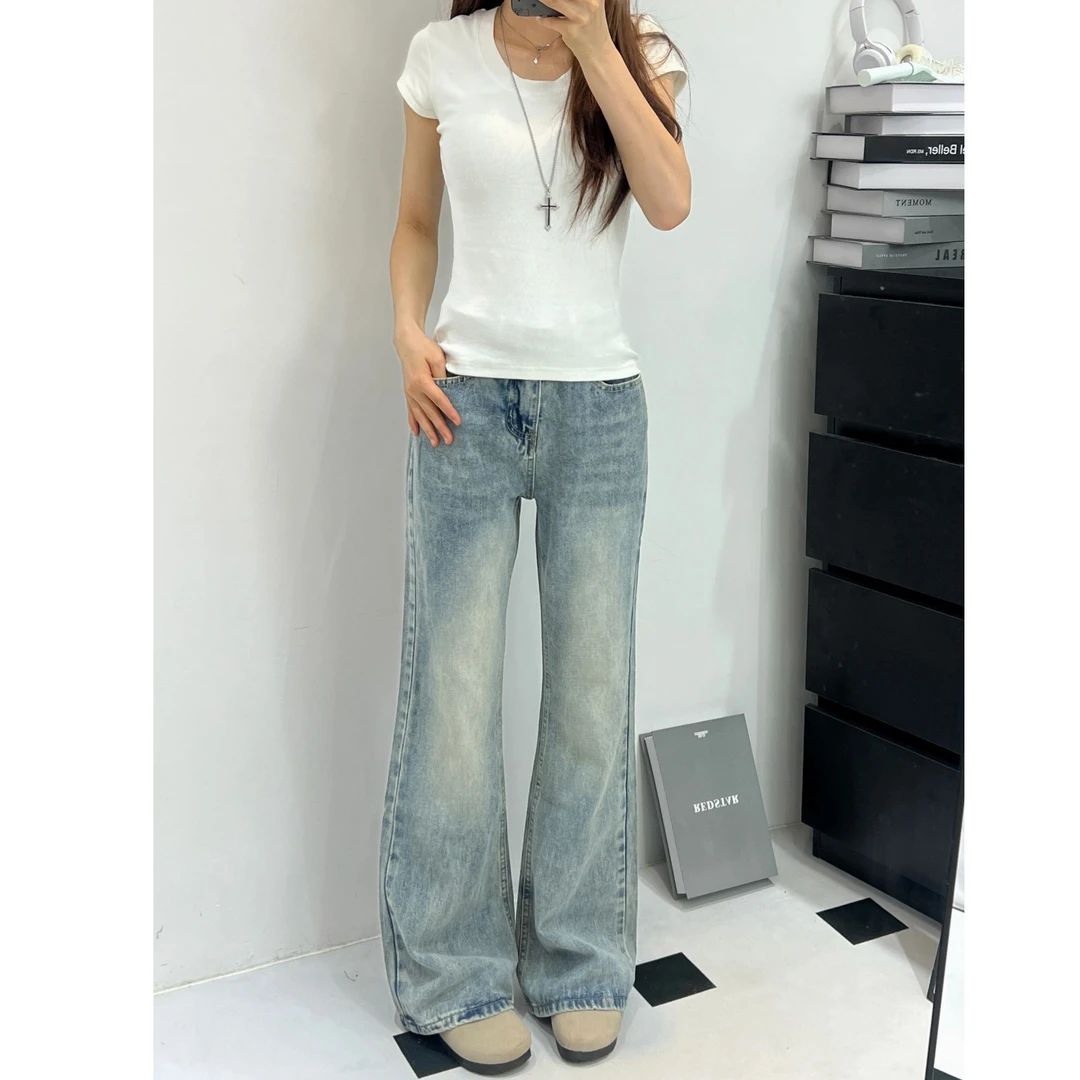 高个子加长美式浅色微喇牛仔裤女秋季高腰显瘦不贴腿拖地阔腿裤子