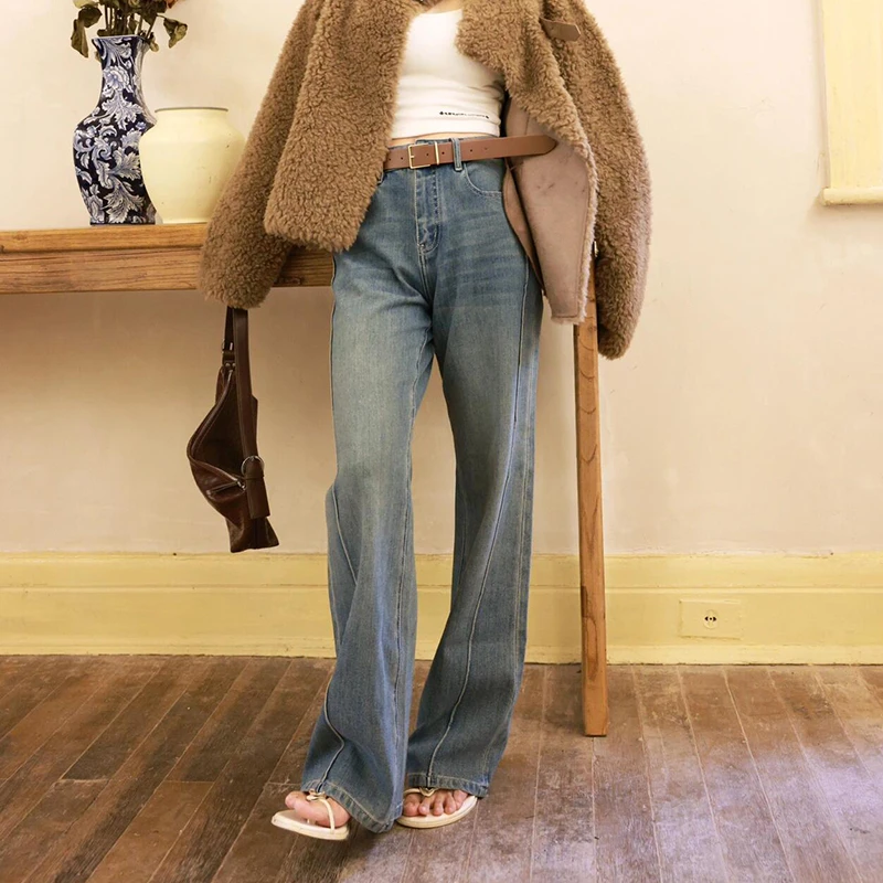 竹纤维四面弹琉璃微喇牛仔裤女2025新款小个子双拼侧缝喇叭马蹄裤