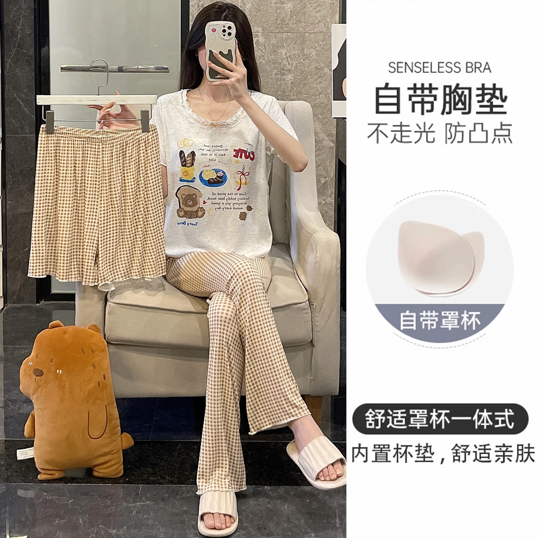 睡衣女夏季人棉短袖大码带胸垫2025新款条纹长裤小熊三件套家居服