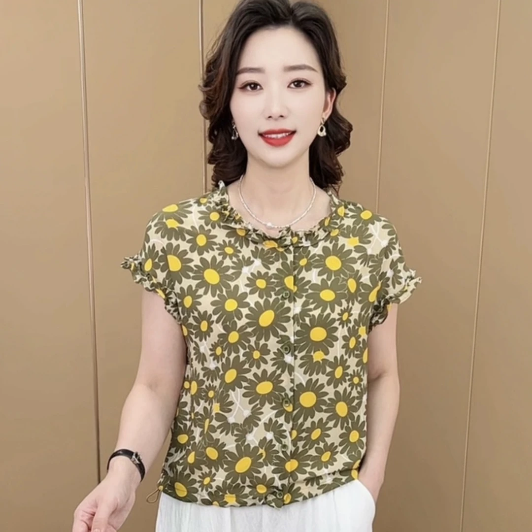 夏季新款时尚圆领木耳边设计洋气减龄显瘦薄款女士短袖上衣K639