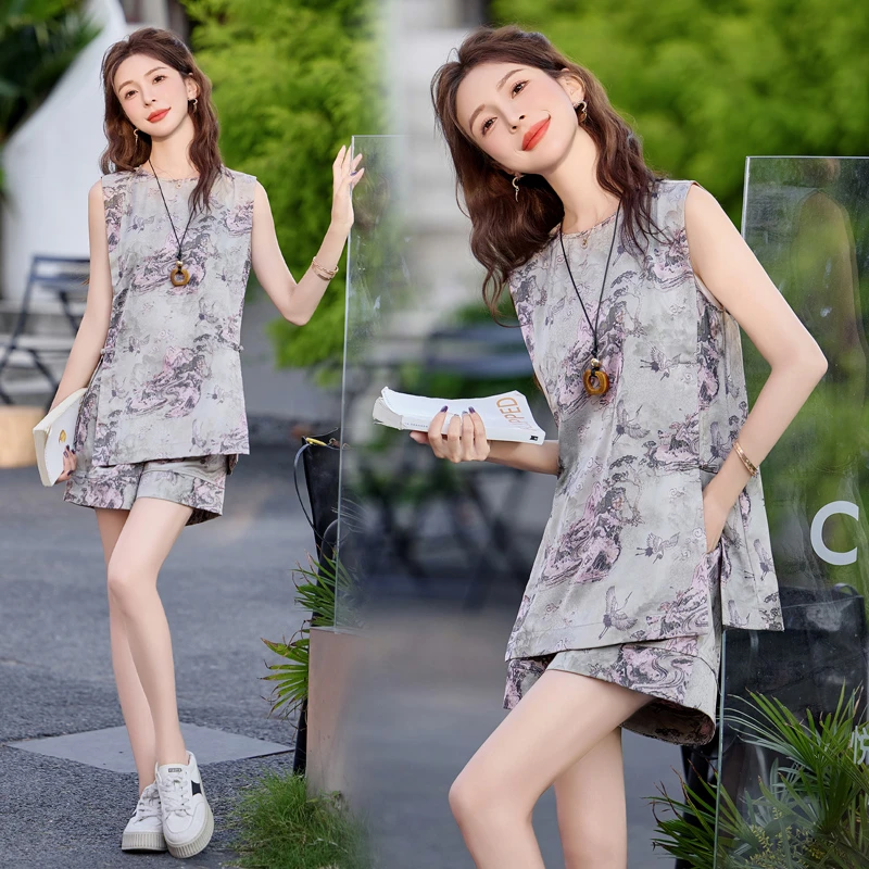 中国风民族风新中式2025两件套装裙子女碎花修身印花时尚洋气短裤