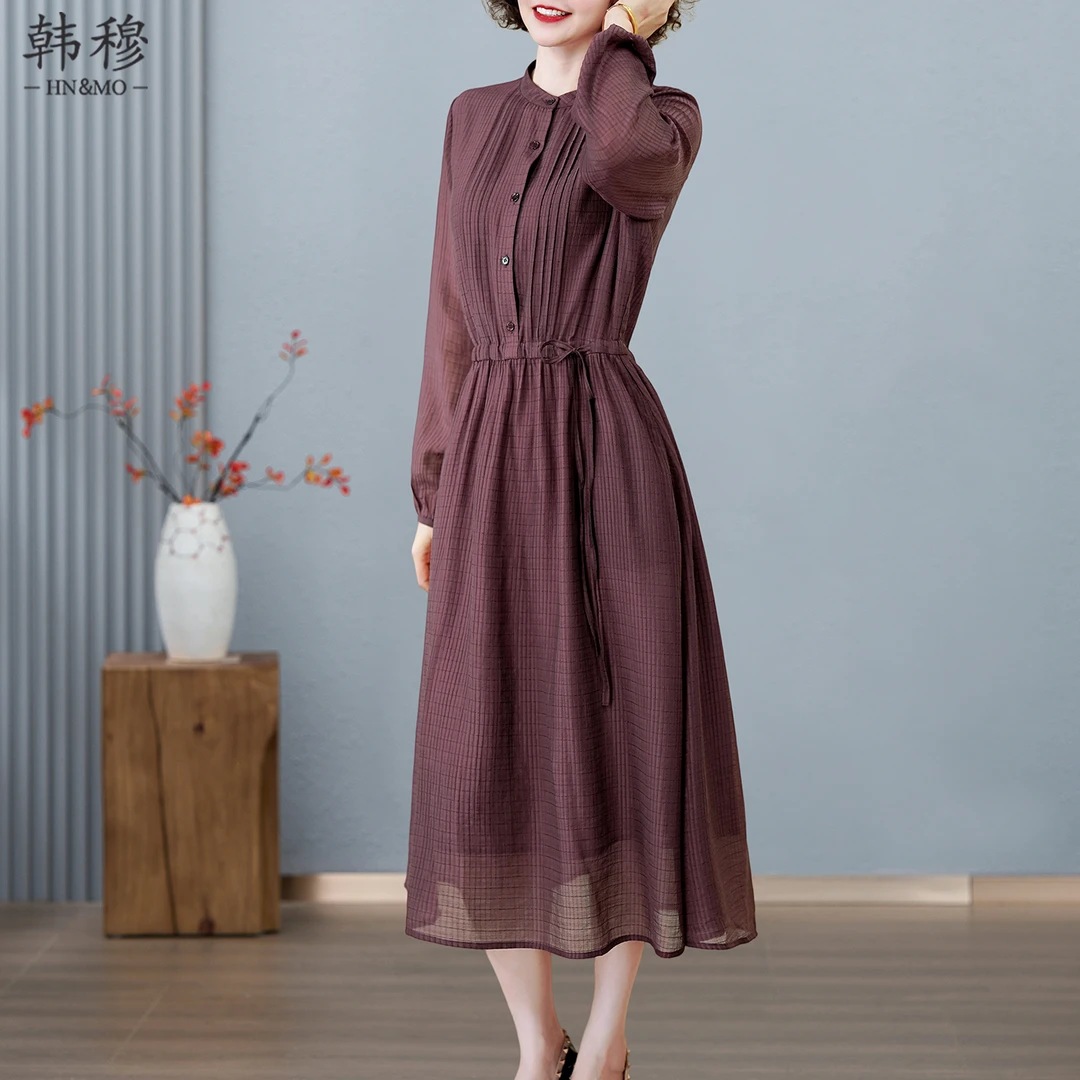 韩穆秋季长袖连衣裙女2025新款时尚复古气质通勤复古洋气妈妈裙子