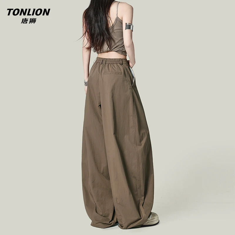 唐狮复古卡其色阔腿休闲裤女2025夏季新款高腰宽松凉感弯刀长裤