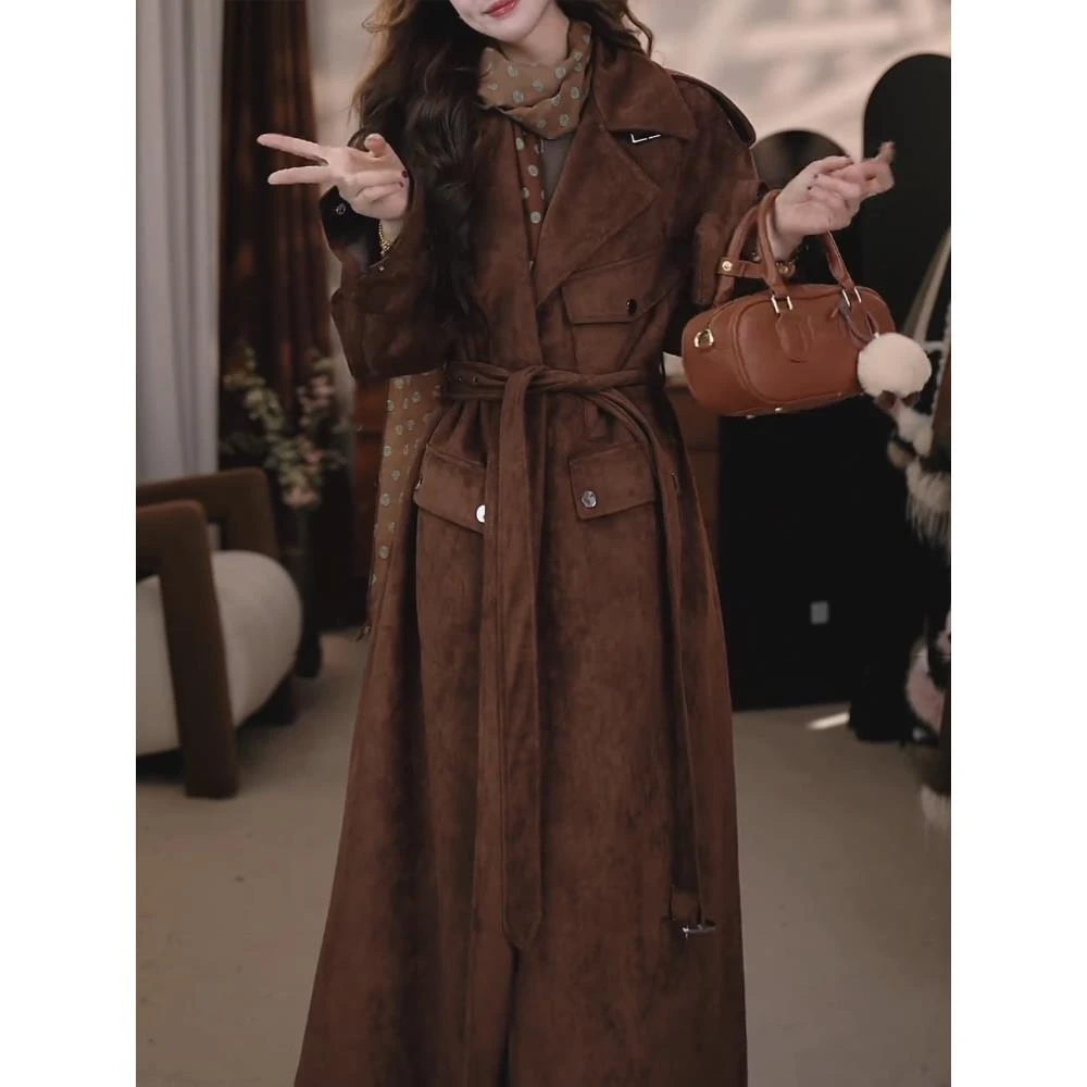 【万达撤柜】麂皮绒外套2025年秋季女韩版新款覆古大衣翻领长款风
