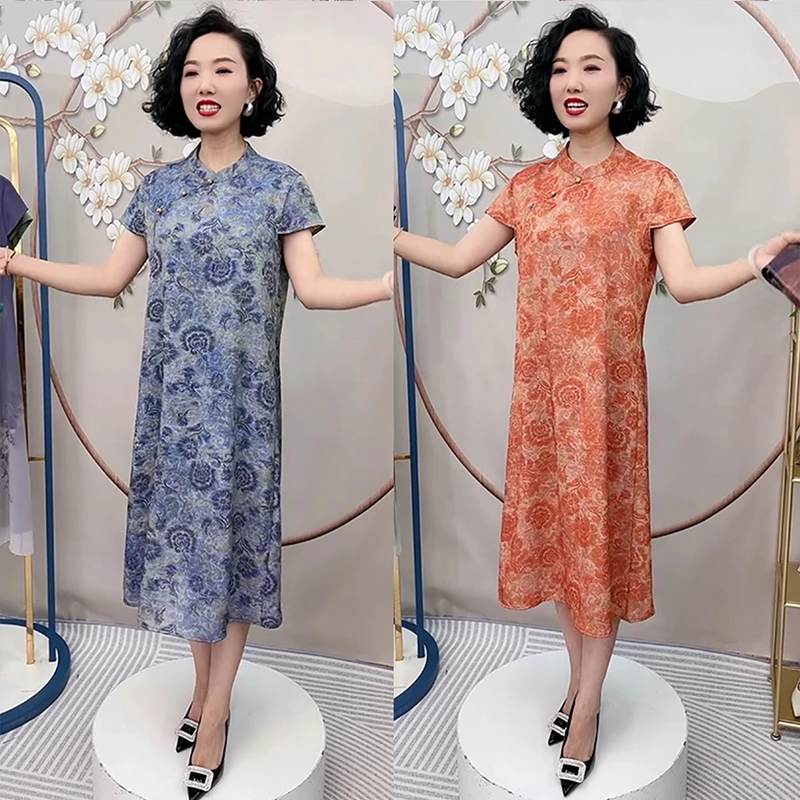 古韵新中式繁花中长款显瘦改良旗袍裙夏季减龄气质中老年妈妈长裙