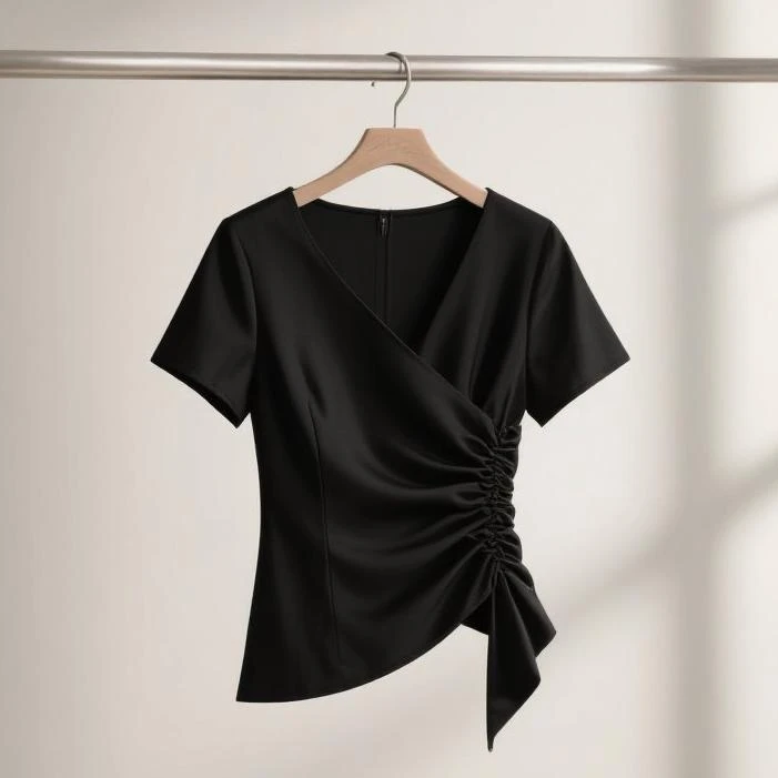 韩系洋气独特气质短袖T恤夏季爆款黑色收腰不规则上衣女真丝醋酸