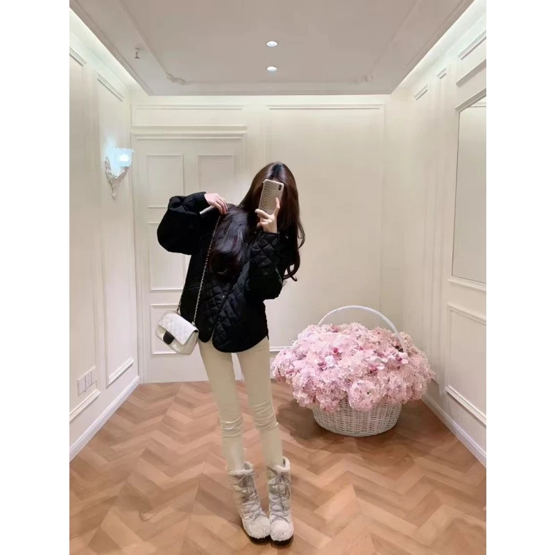 2025新款韩系设计感宽松休闲洋气菱格保暖外套高腰纯色休闲裤套装