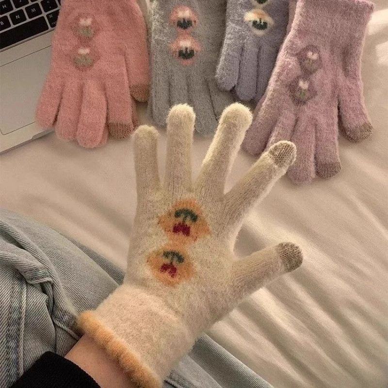 手套加绒保暖针织骑行触屏女毛绒防寒冻学生超厚可爱骑车五指冬季