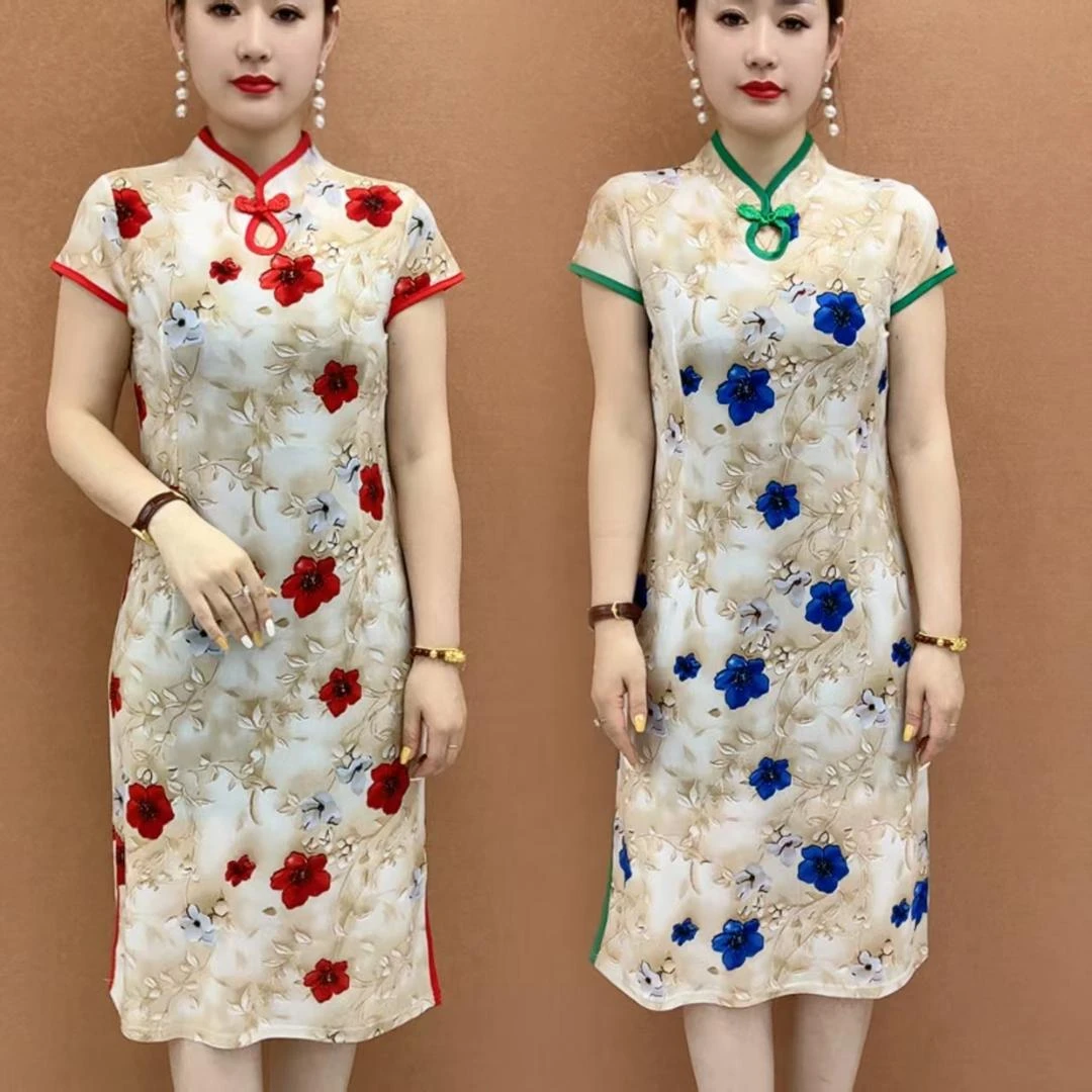 立领半圆襟短袖印花中国风旗袍