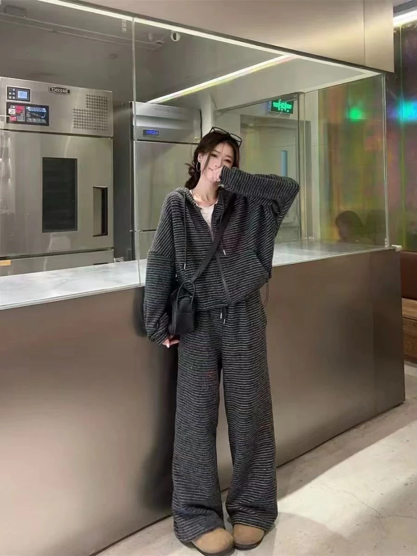 韩版秋季慵懒风复古条纹套装
