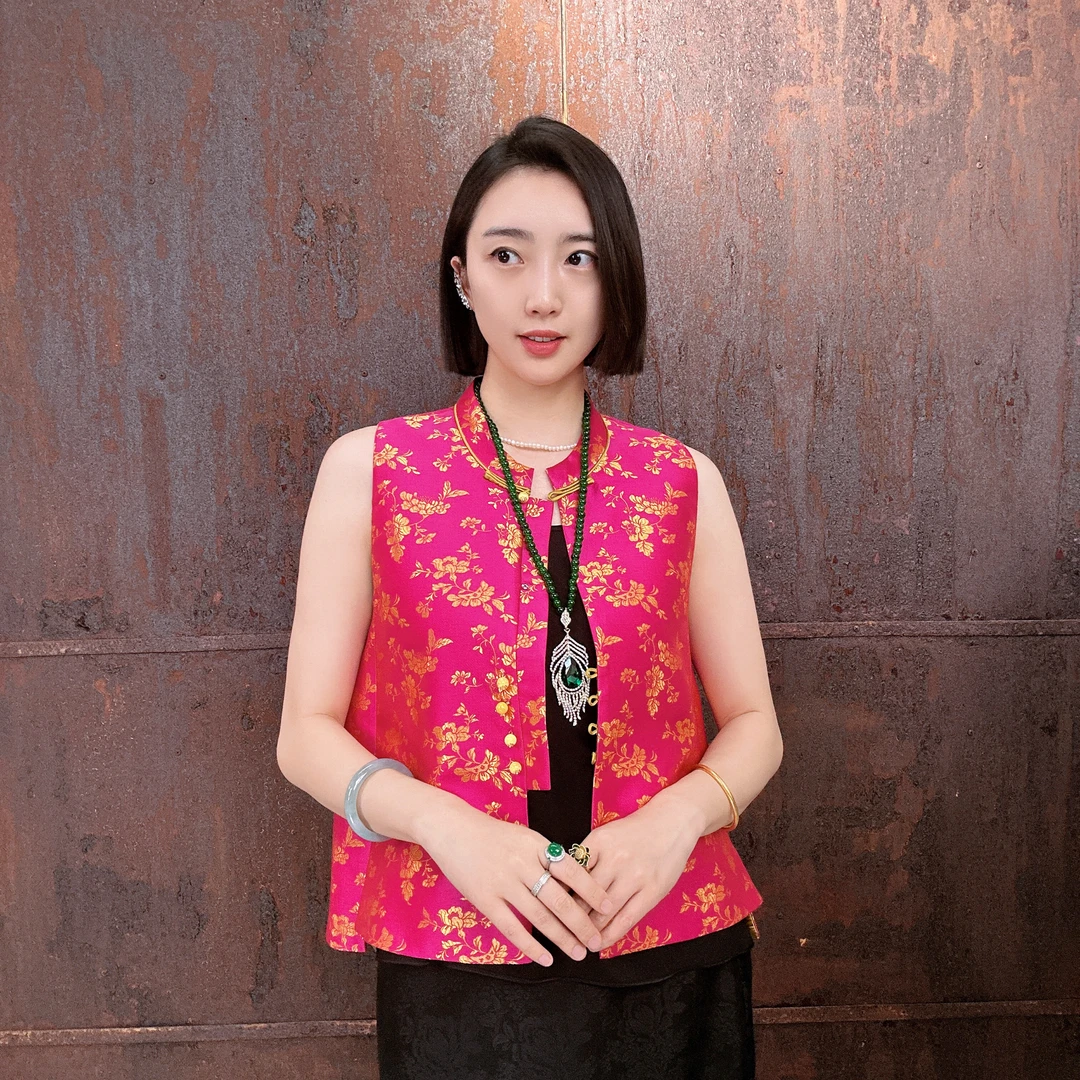 （宋锦马甲）新中式女装马甲桑蚕丝金线宋锦圆领时尚马夹 HF-870108