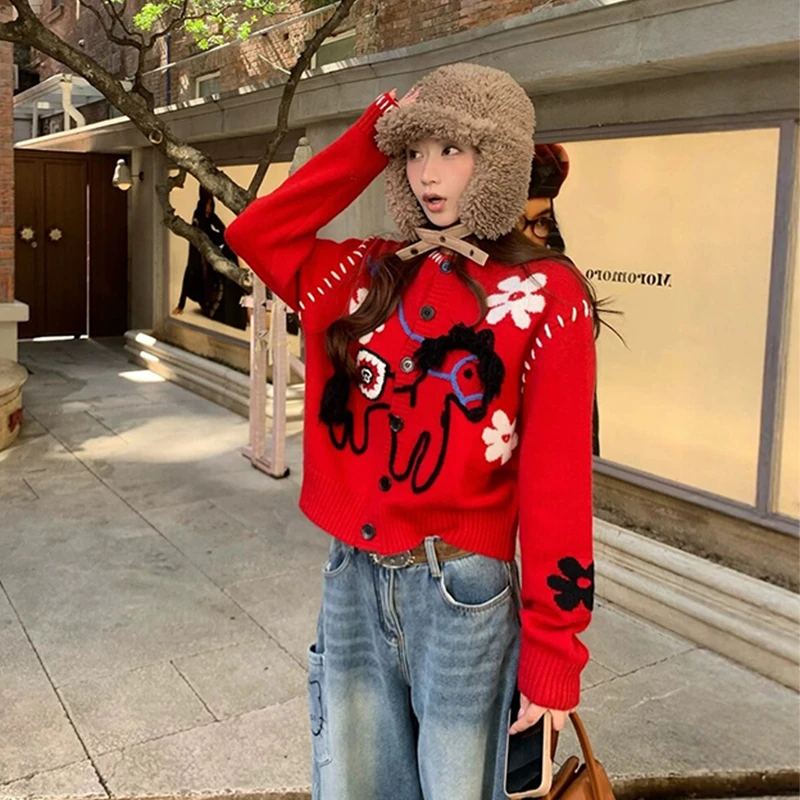 秋冬复古韩系慵懒风立体小马提花减龄针织开衫女百搭宽松毛衣外套