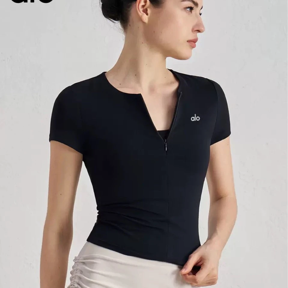 圆领正肩短袖T恤夏季宽松T恤高级套装半拉链高级正肩瑜伽短袖女圆