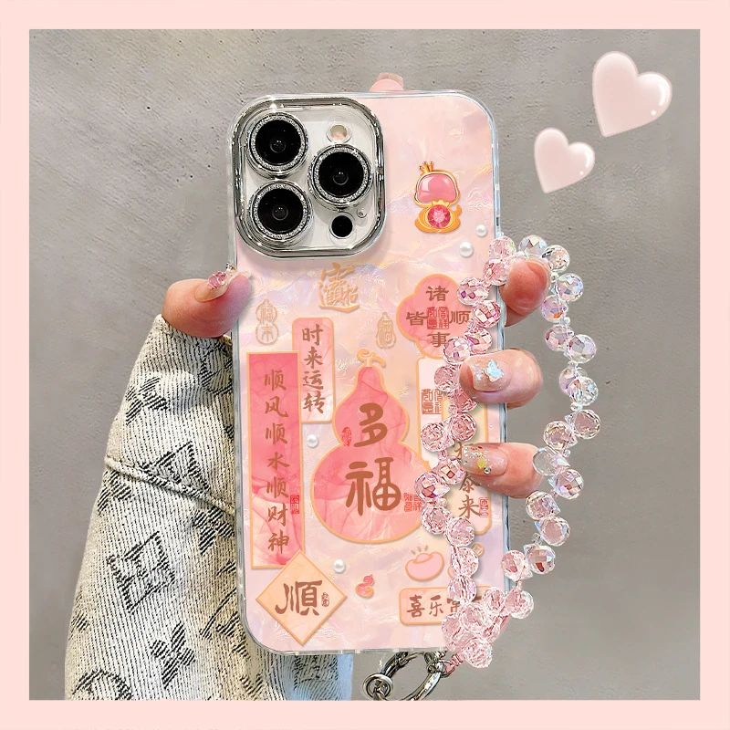 适用苹果16国风手机壳iphone14多福葫芦手链小众高级感15支架13硬