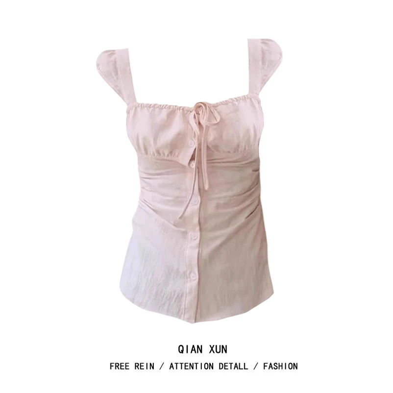 千寻大码微胖MM衬衫纯欲风甜辣妹粉色方领绑带短袖夏季设计感收腰