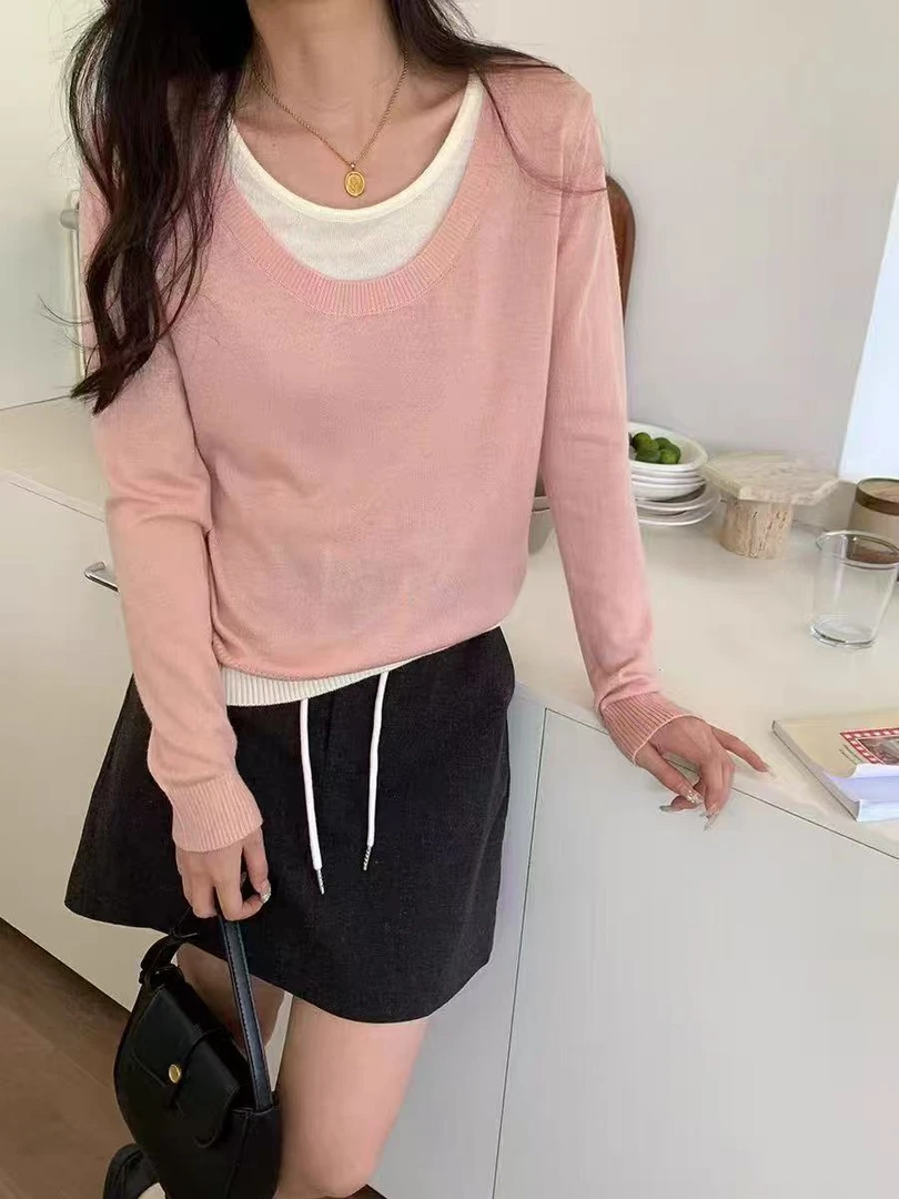 浅绿色撞色假两件针织衫女2025新款小个子设计感显瘦上衣打底衫秋