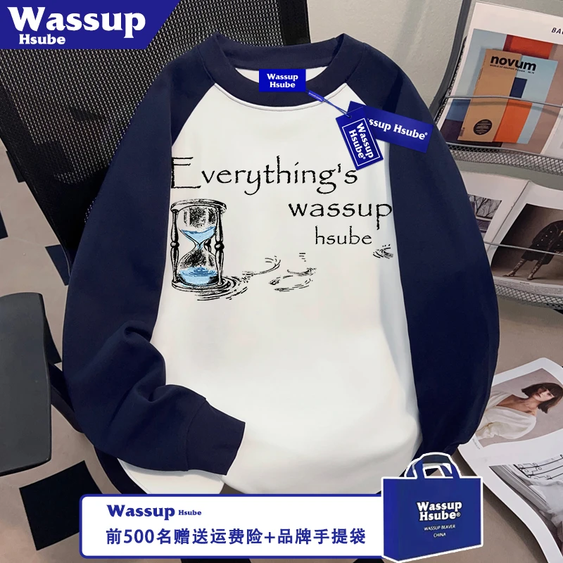 WASSUP HSUBE新颖100%纯棉长袖沙漏印花重磅T恤ins秋男女插肩上衣