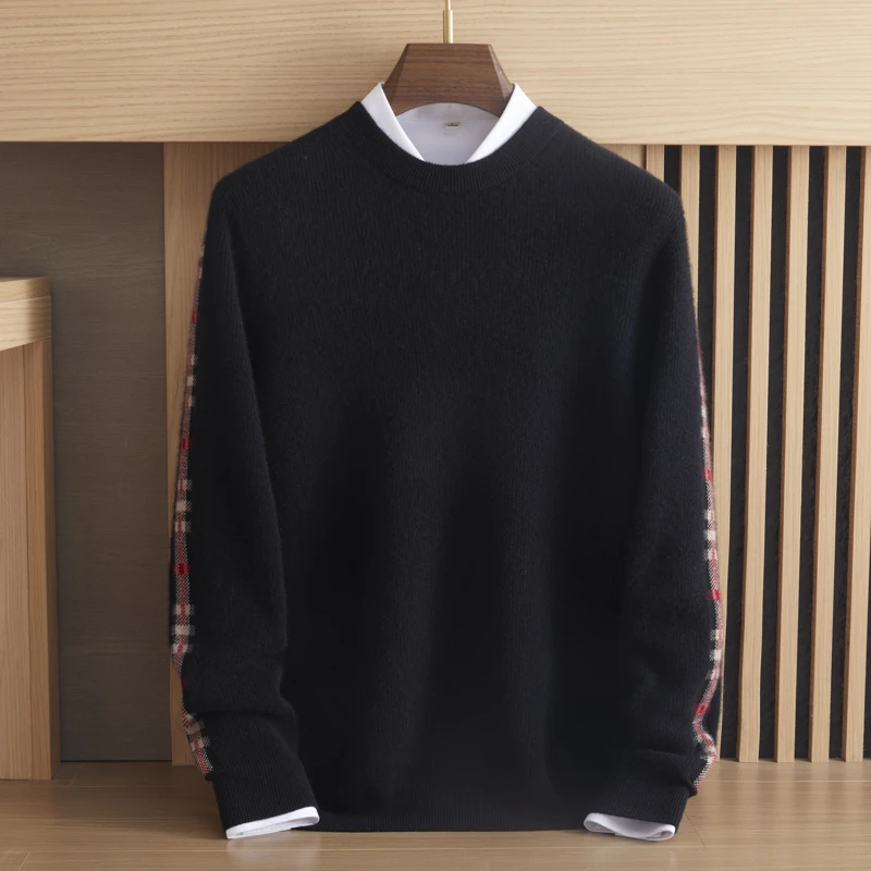 新年特惠】男士385克纯山羊绒加厚元宝针芝麻点拼色圆领长袖套头衫