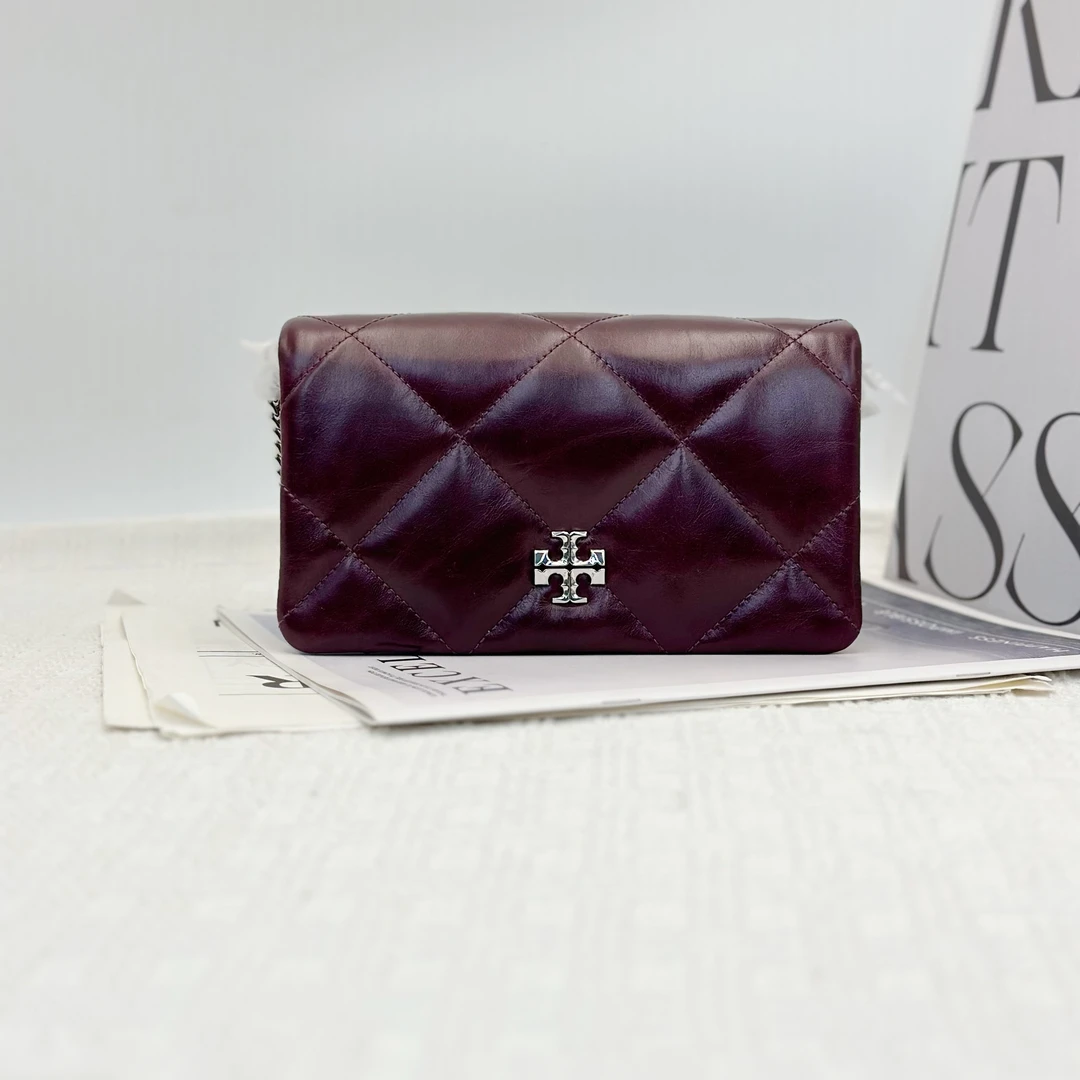99新 TORY BURCH/汤丽柏琦 Kira酒红色油蜡皮链条包 004新款菱格