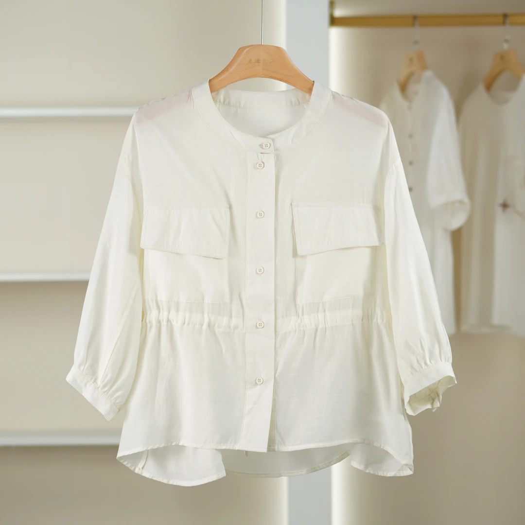 麦迪尚品【夕Y】50909606 春季简约时尚收腰圆领衬衫品牌女装